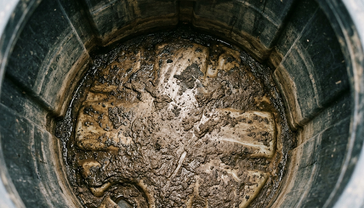 Close-up view of sediment collected at the bottom of a plastic water tank