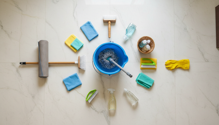 Top-down view of cleaning tools arranged near a polished floor