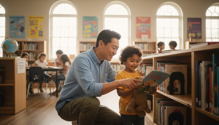 Medium shot of an uncle helping a child choose a book from a shelf.