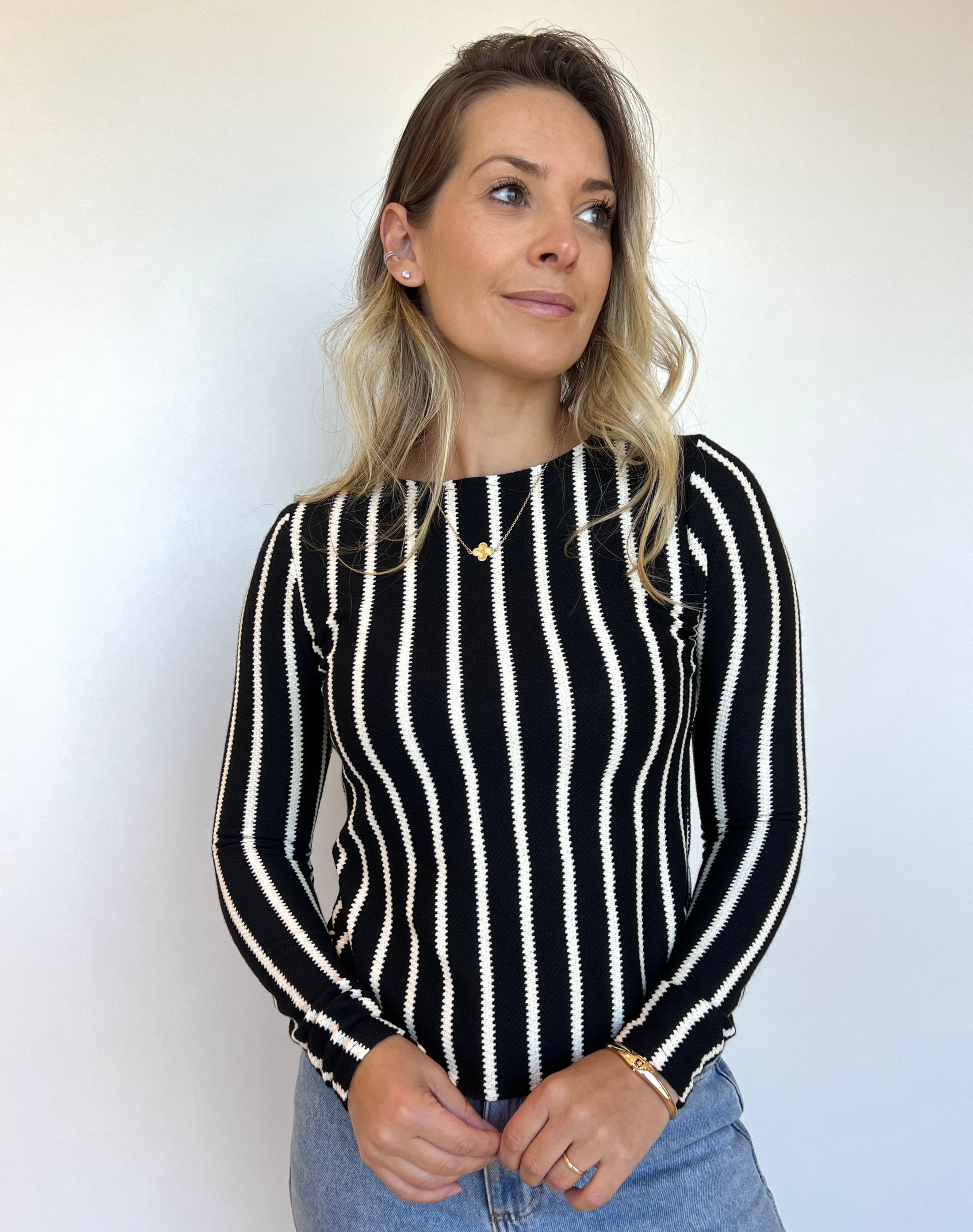 Blusa STELLA basica manga longa - listrado P&b