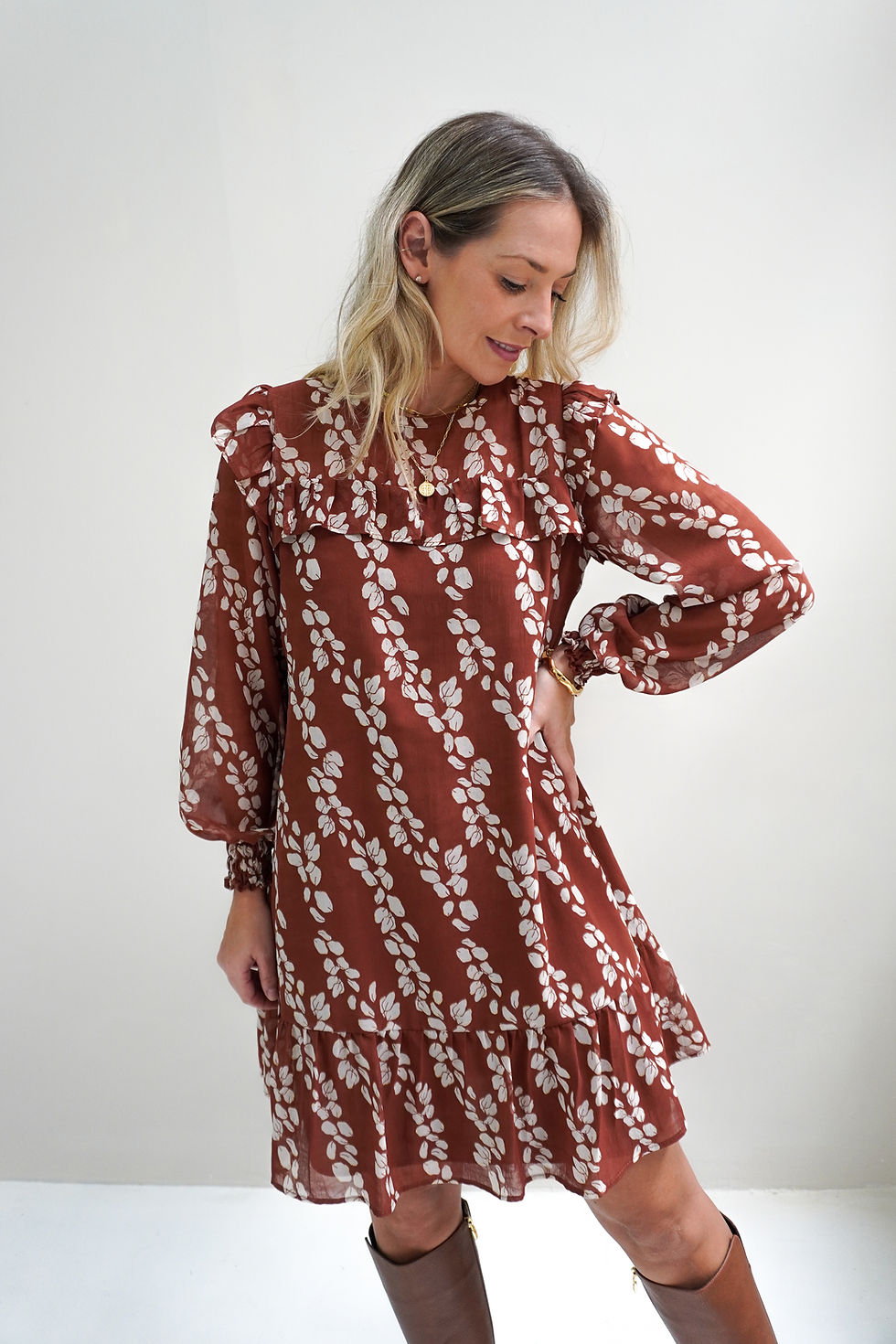 Miniatura: Vestido CLEO curto soltinho manga longa - Folhagem Terracota
