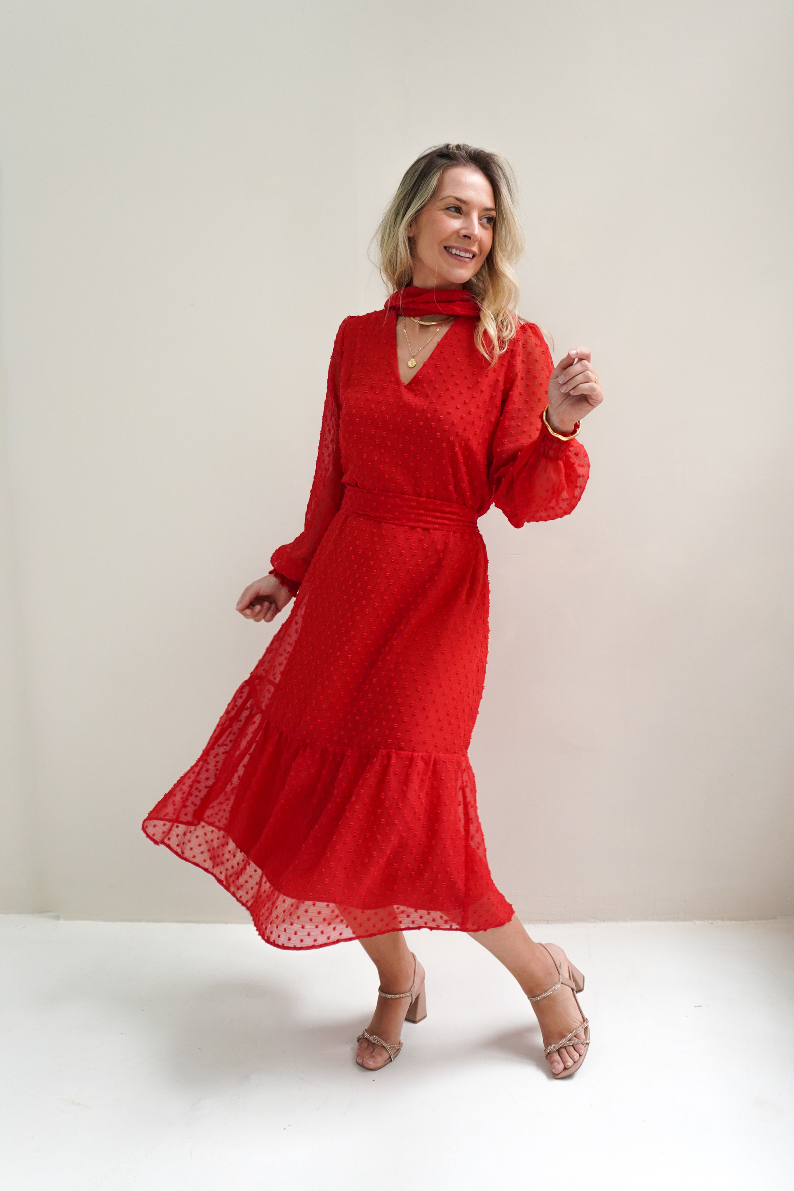 Vestido CORA midi soltinho 2 lados manga longa - Poa Relevo Vermelho