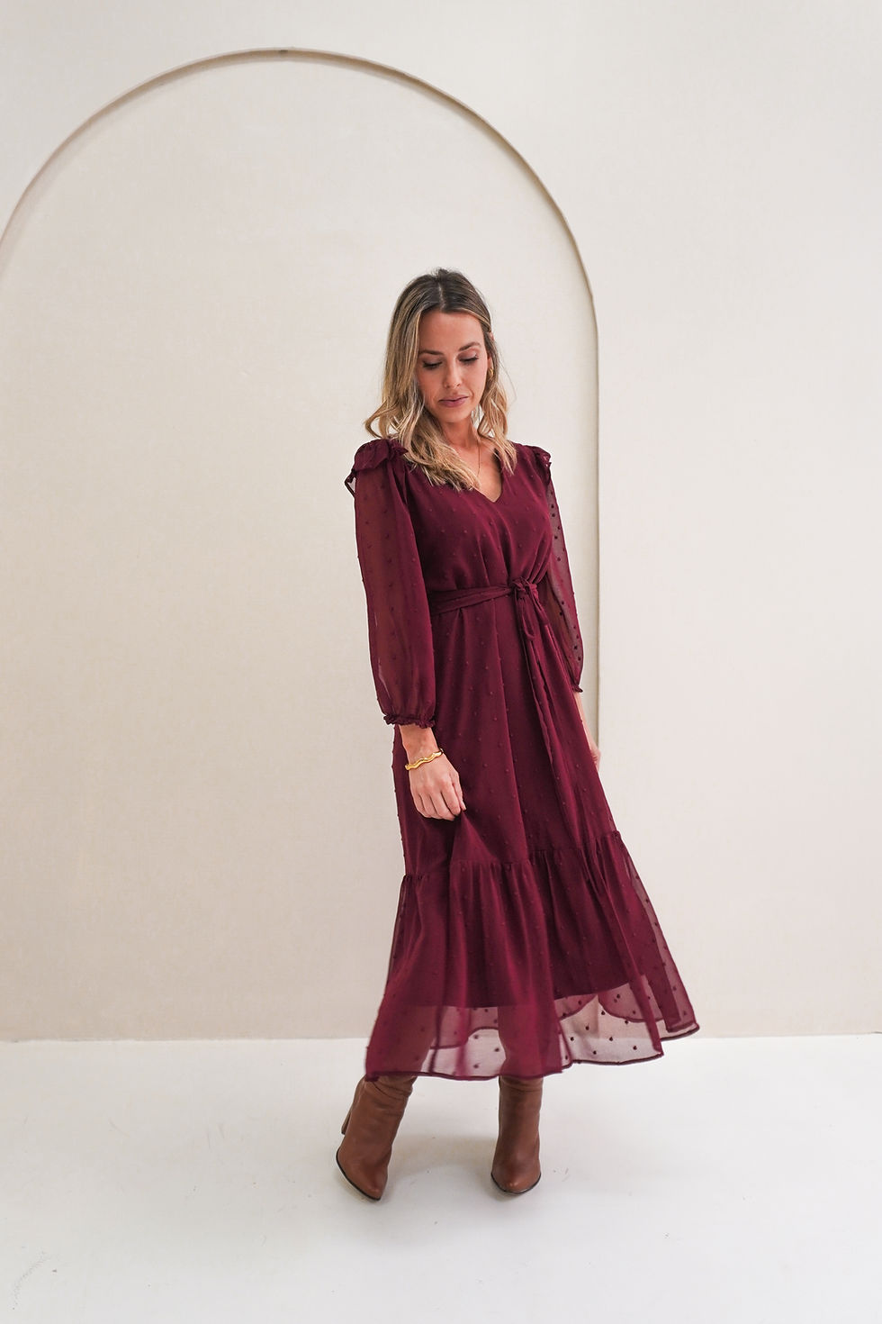Miniatura: Vestido CANNES midi soltinho 2 lados manga 3/4 - Poa Bordado Vinho