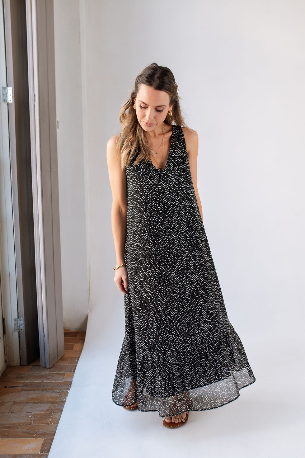 Miniatura: Vestido TAINA midi soltinho 2 lados - Chiffon Mini Poazinho Preto