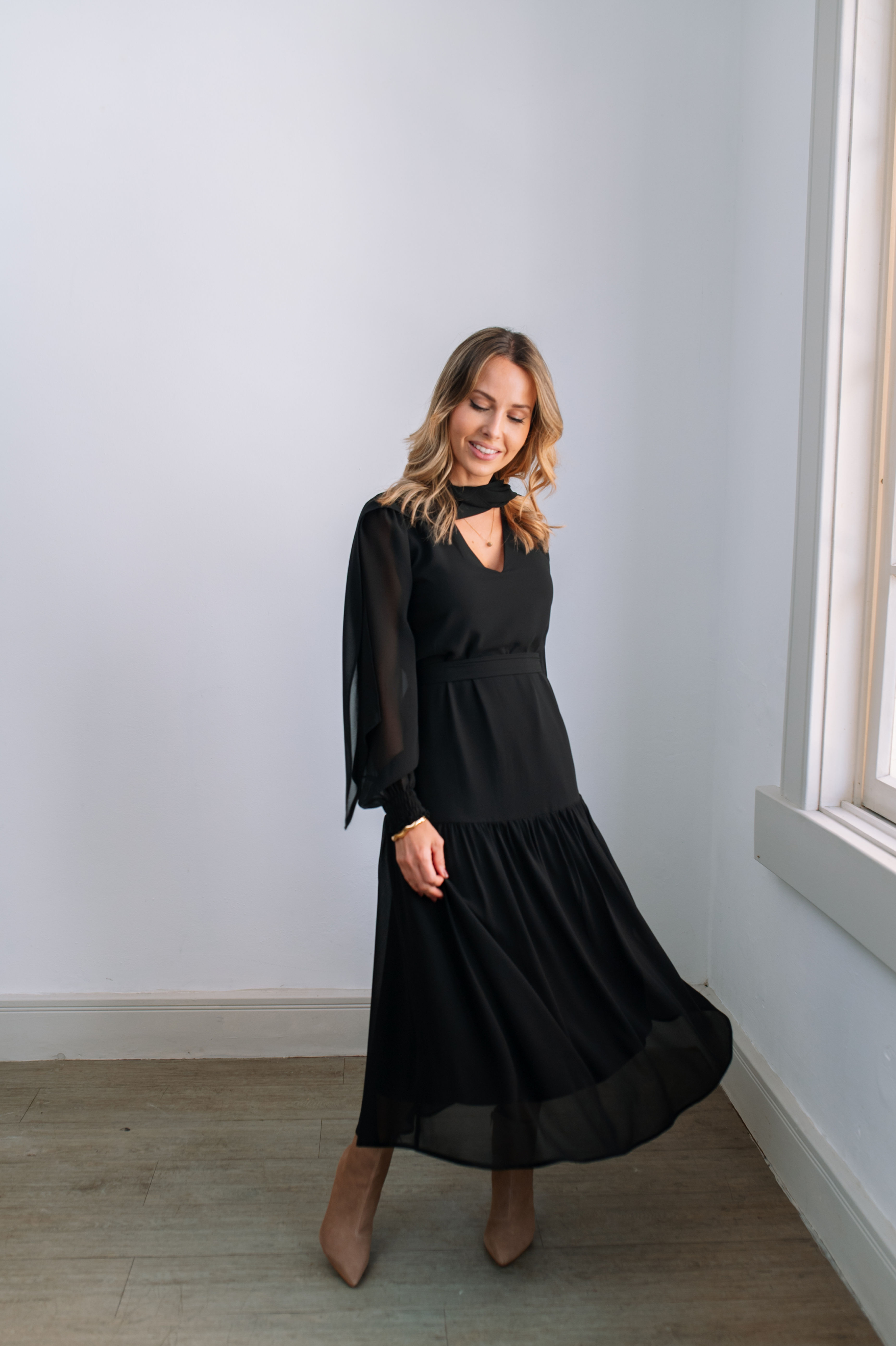Vestido DIANA midi soltinho 2 lados manga longa - Preto