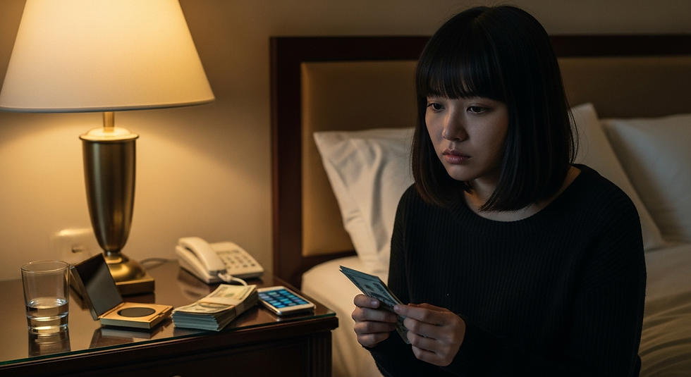 外送茶女子凝視床頭現金與手機，指尖懸停於暗夜風險邊緣