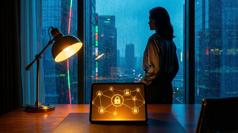 數位隱私隔離實戰指南：高淨值人士在定點茶產業中的風險辨識與治理化建模，展示深夜書房中的加密數據矩陣與隱私防護場景。