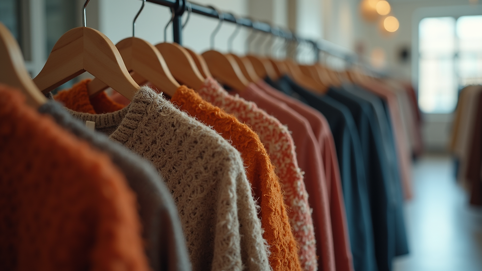 Eye-level view of a clothing rack displaying unique, handcrafted garments