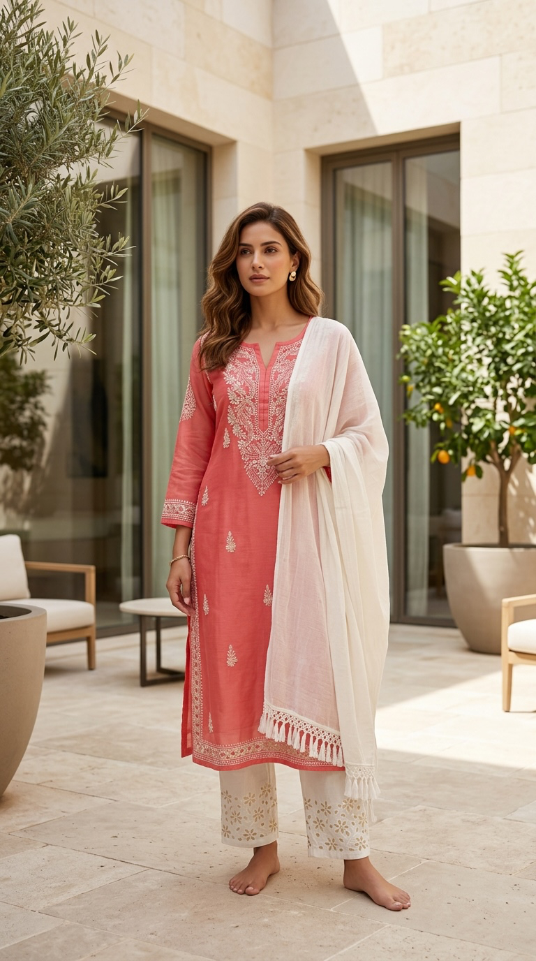 Coral Pink Embroidered Set
