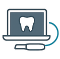 Icon of an intraoral scanner connecting to a laptop, representing the seamless digital workflow for case submission and collaboration with Aceso Dental Lab.