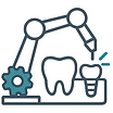 Icon of a robotic arm placing a dental crown, illustrating the automated and precise manufacturing process powered by advanced CAD/CAM technology at Aceso.