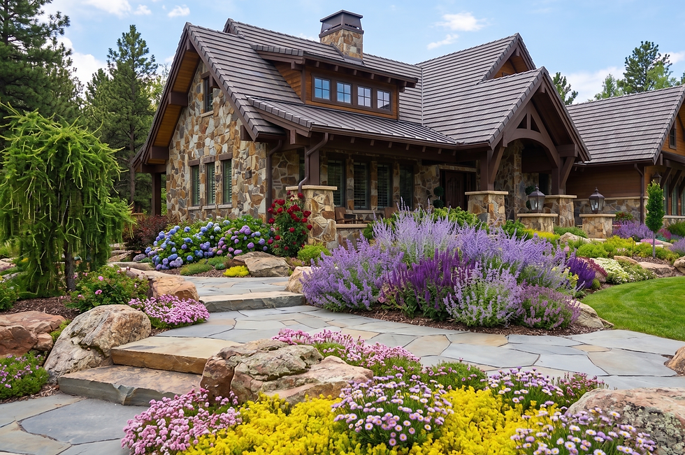 Eye-level view of a Colorado home with a drought-tolerant front yard featuring a natural flagstone path, stone terrace, purple lavender, and colorful low-water perennials.