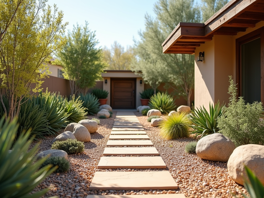 Modern new home landscape construction in South Metro Denver featuring a stone walkway and drought-tolerant garden.