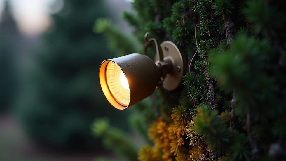 Close-up of a brass LED spotlight highlighting a mature pine tree