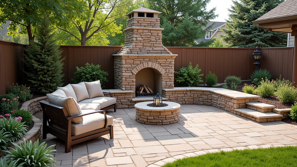 High angle view of a custom stone masonry outdoor fireplace with seating area in a Castle Rock backyard