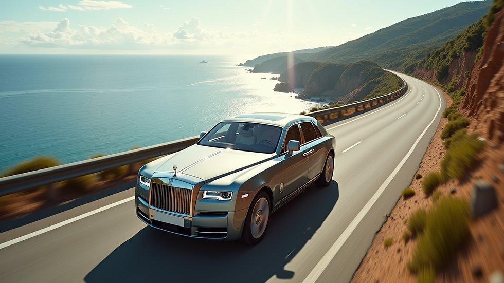 High angle view of a luxury wedding car driving along a scenic coastal road