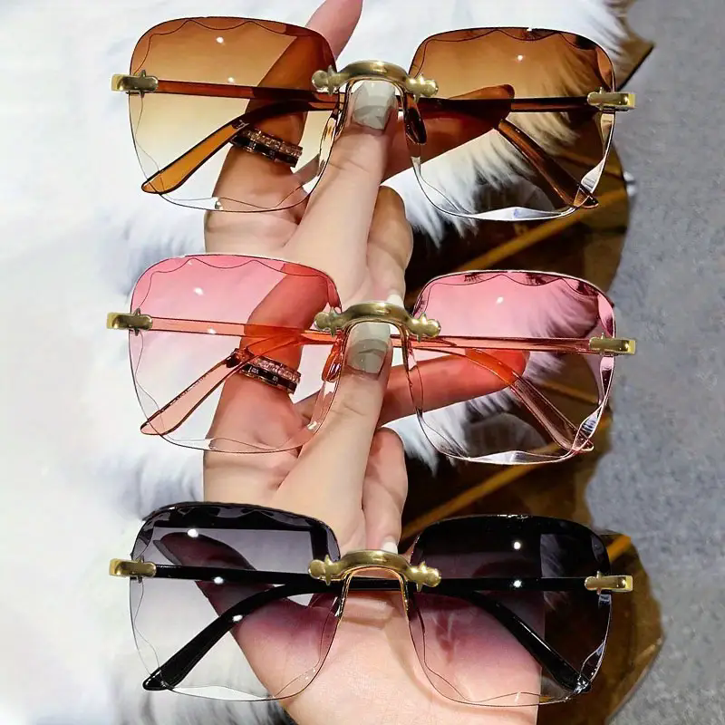 3PCS Square Rimless Sunglasses Women Luxury Brand Designer Summer Red Glasses Fa