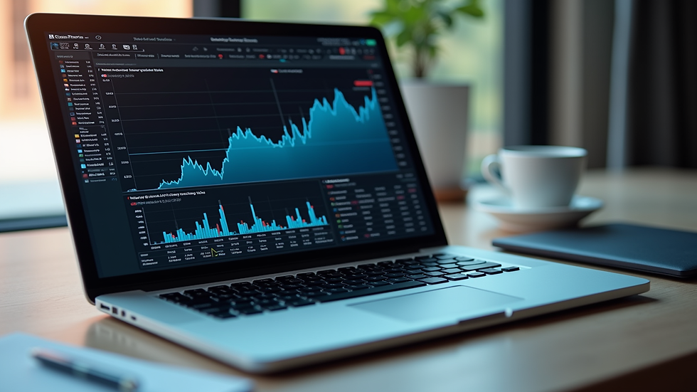 High angle view of a laptop displaying financial charts and graphs