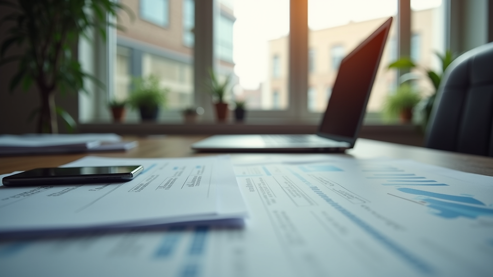 Eye-level view of a small business office with a laptop and financial documents