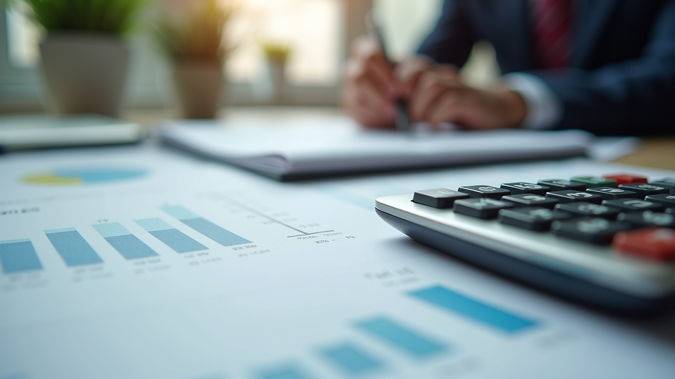 Close-up view of financial reports and calculator on a desk