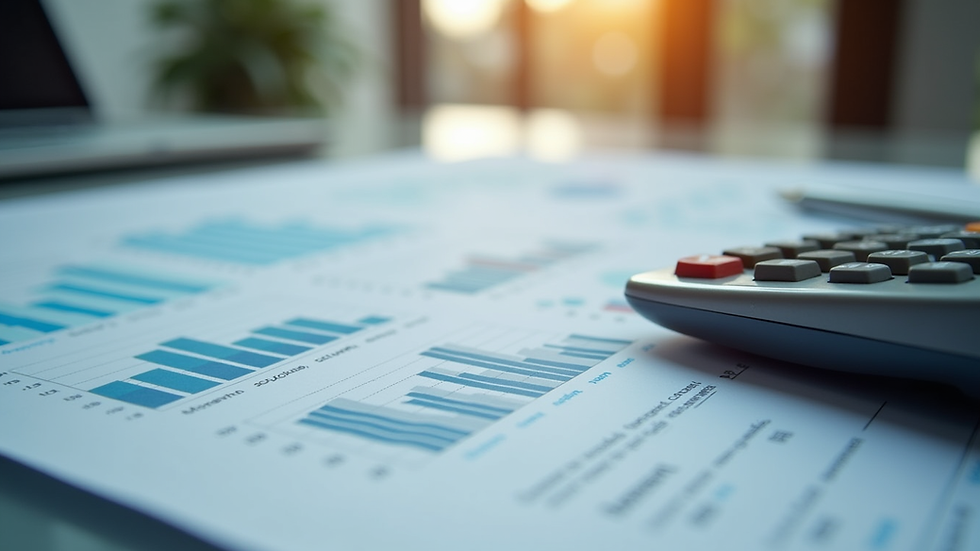 Eye-level view of a desk with financial charts and a calculator