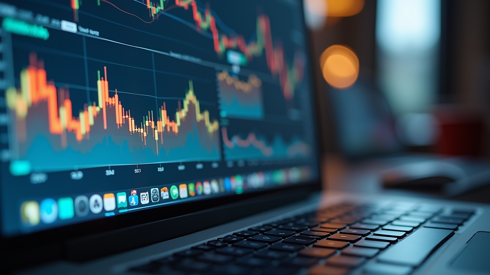 Close-up view of a laptop screen displaying financial software with graphs and charts