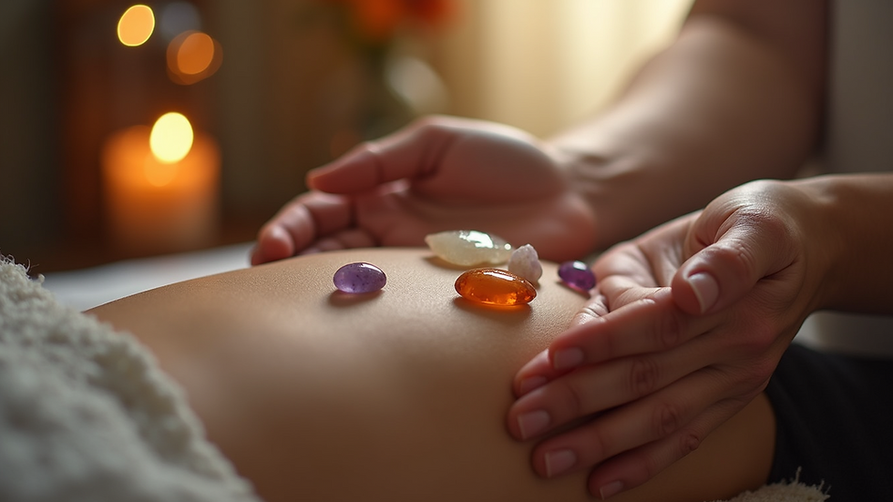 Close-up view of a practitioner performing Reiki with crystals