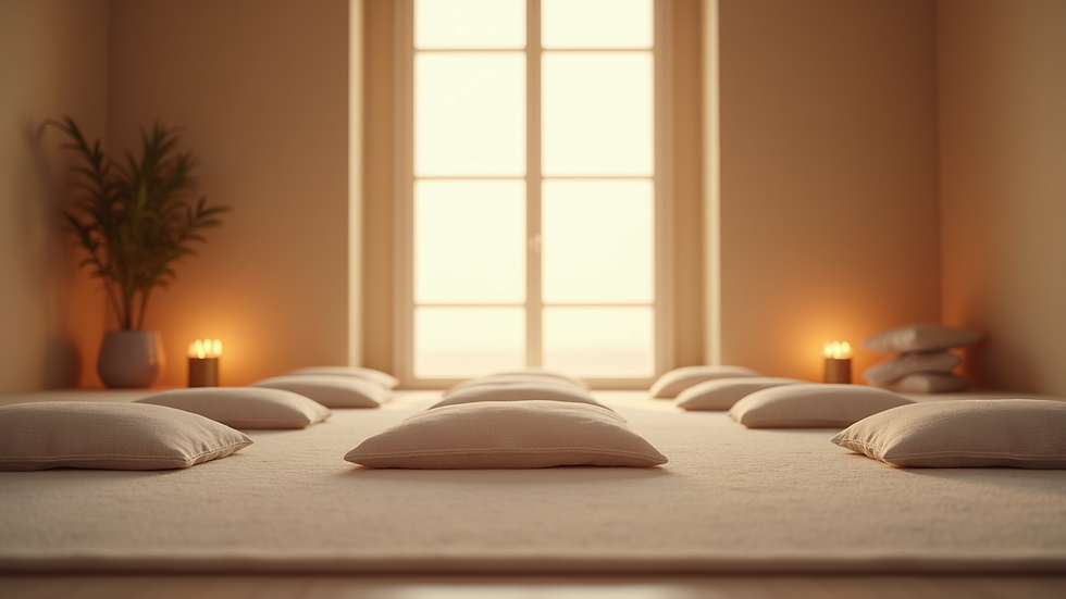 Eye-level view of a peaceful meditation room with cushions and soft lighting