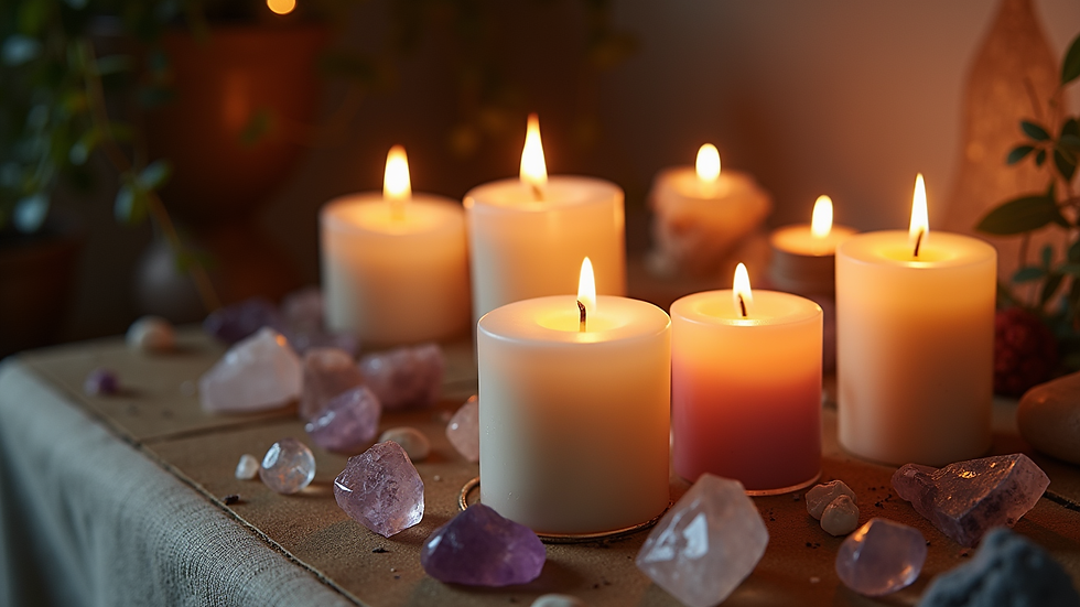 Close-up view of a spiritual altar with candles and crystals