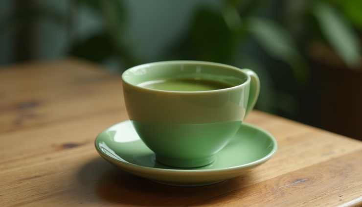 Close-up view of a cup of matcha tea with vibrant green color on a wooden table
