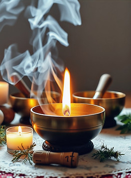 altar with singing bowls, burning sage, herbs.jpg