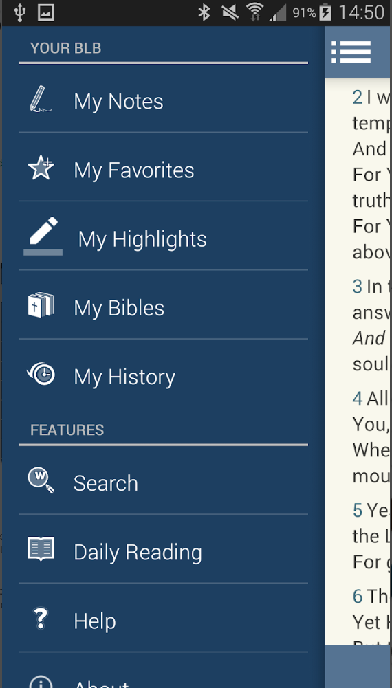 Blue app menu with options: My Notes, Favorites, Highlights, Bibles, History, Search, Daily Reading, Help. Battery 91%, time 14:50.