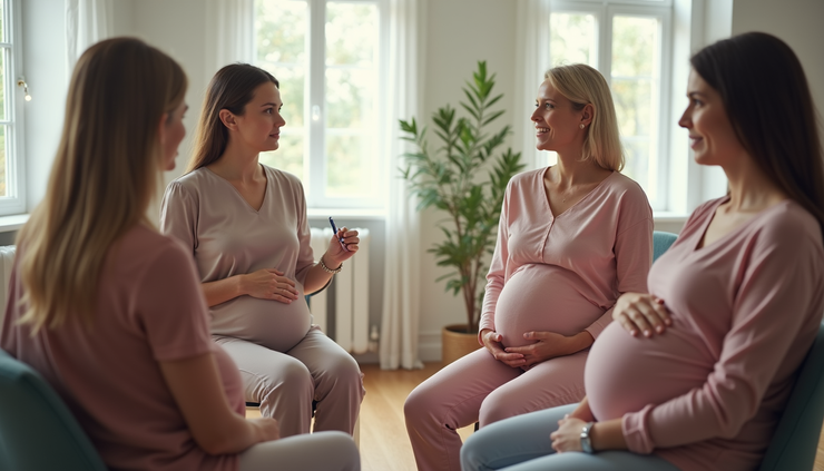 Eye-level view of a midwife explaining pregnancy care to a small group in a cozy classroom