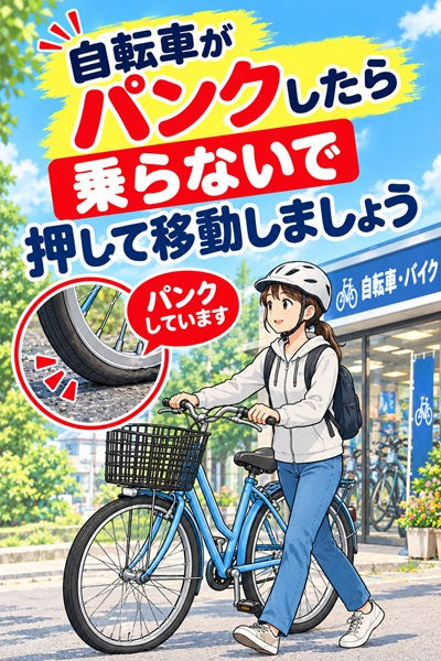 じてんしゃがパンクしたら、押して移動しましょう