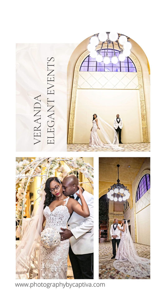 A collection of elegant interior wedding photos showcasing the luxurious decor, chandeliers, and ambiance of Veranda Elegant Events, a premier wedding venue in Orlando, Florida.