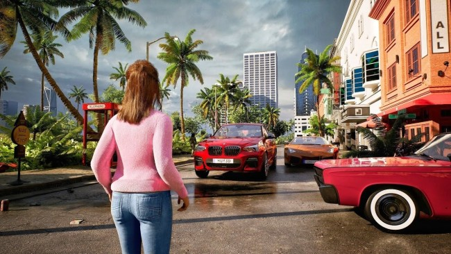 A woman stands in front of a red SUV in a city.