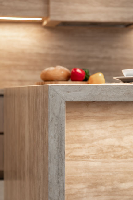 Close-up of the worktop edge and timber grain, highlighting the finish and texture.