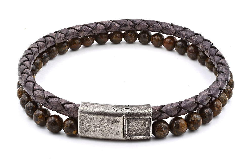 Miniaturebillede: Poseidon / Bronzit stenperler og  lædersnor armbånd med slidstærk magnetlås