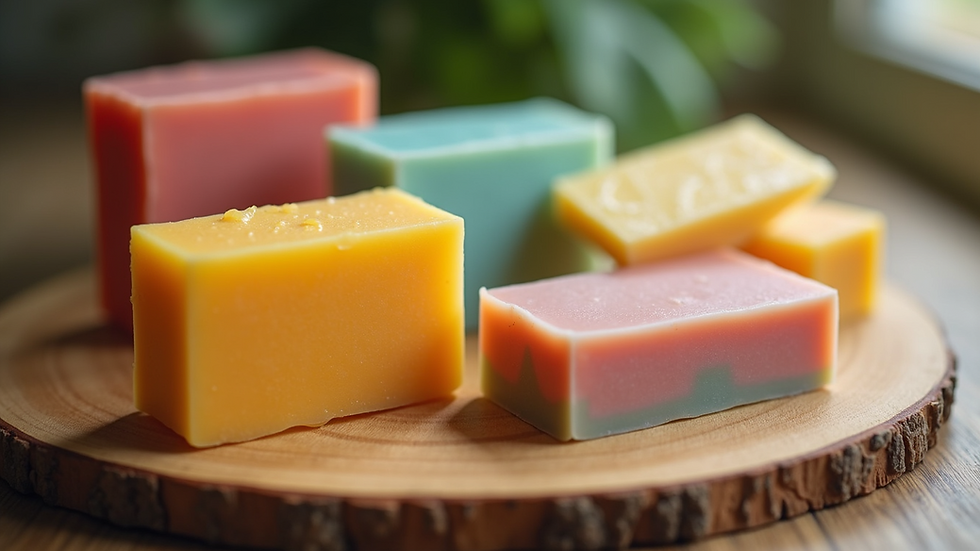 Close-up view of colorful soap bars arranged artistically on a wooden surface