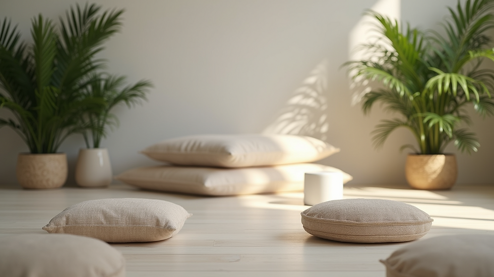 Eye-level view of a serene meditation space with cushions and plants