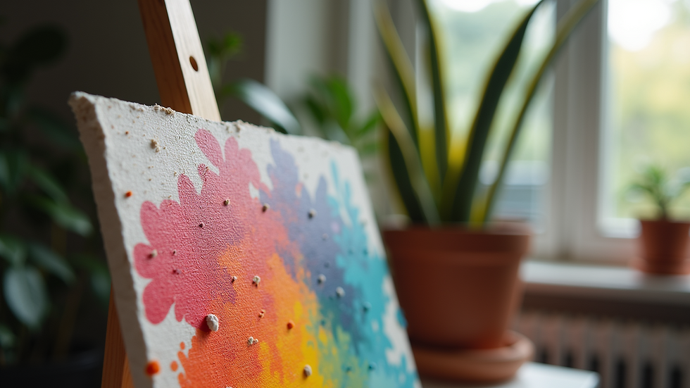 Close-up view of a vibrant mixed-media art piece on an easel