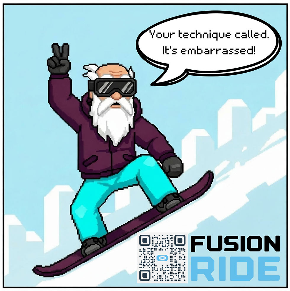 Cartoon old man snowboarding, 'Your technique called. It's embarrassed!'