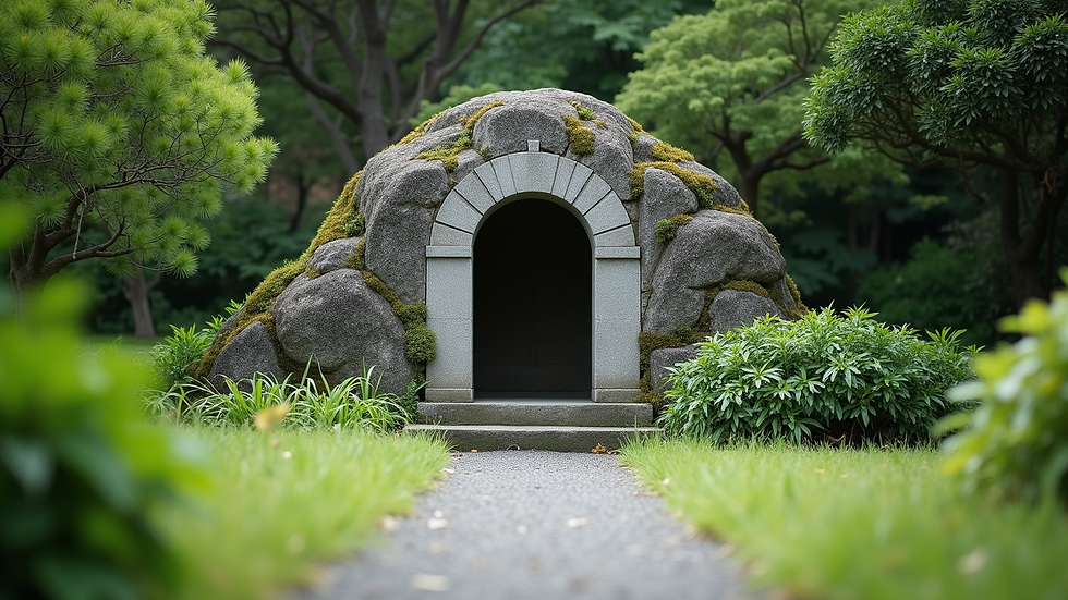Eye-level view of traditional Okinawan stone tomb in a peaceful garden