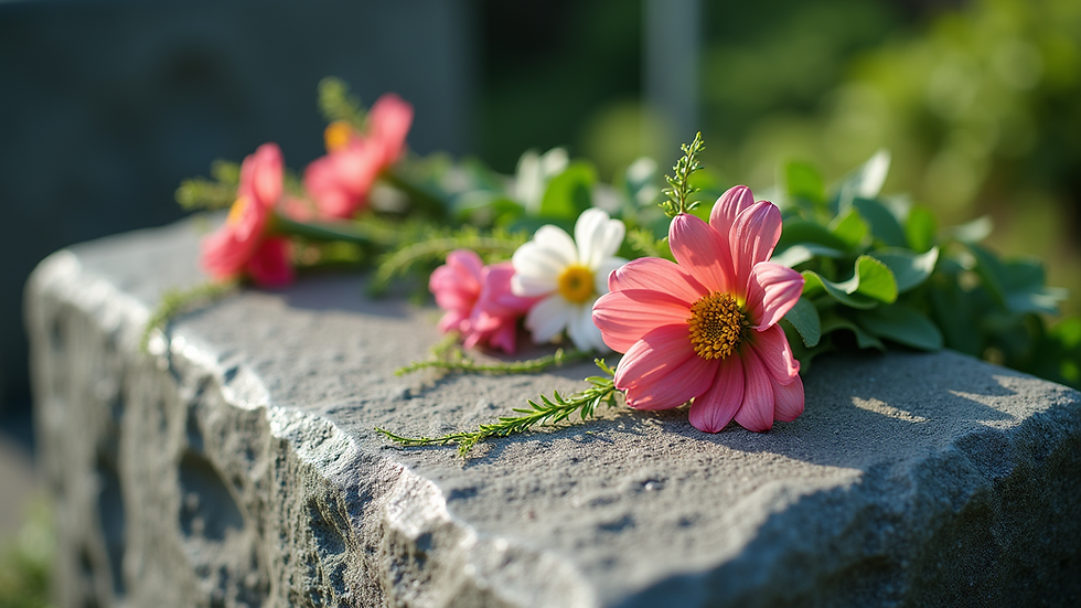 Close-up view of stone tomb with fresh flowers placed in Okinawa