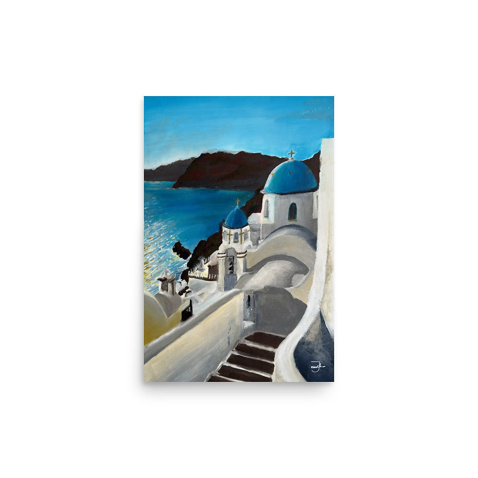 Thumbnail: Santorini art, painting, art print, Greece, Greece art, acrylic painting, matte art print, blue, city, sea, Art, art print