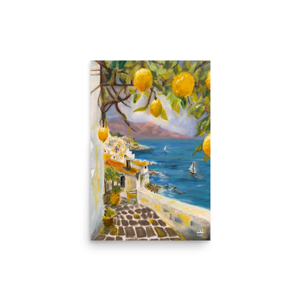 Thumbnail: painting, buy painting, oil pastel, lemons, italian village, Jake Zuurbier, sea, oil painting, art, artist, oil pastel, print