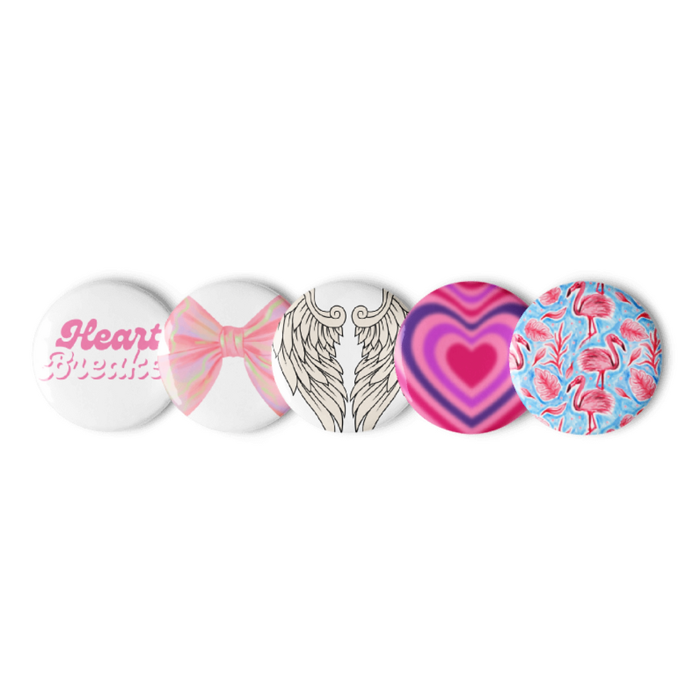 Thumbnail: pin buttons, cute pin buttons, angel wings, heartbreaker, bag accessories, accessories, pink, flamingo, heart, pink bow