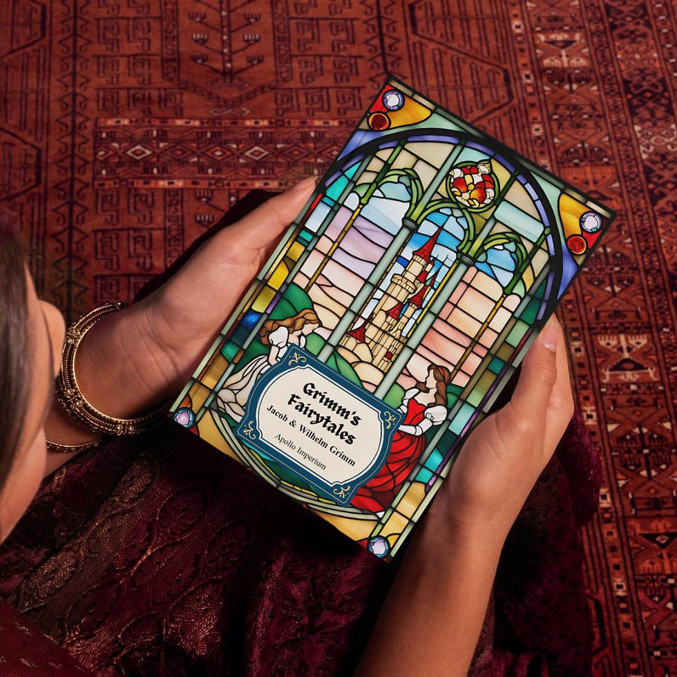 Grimm's fairytales book held by two hands. a dark red background made of fabric. a face is partially on screen.