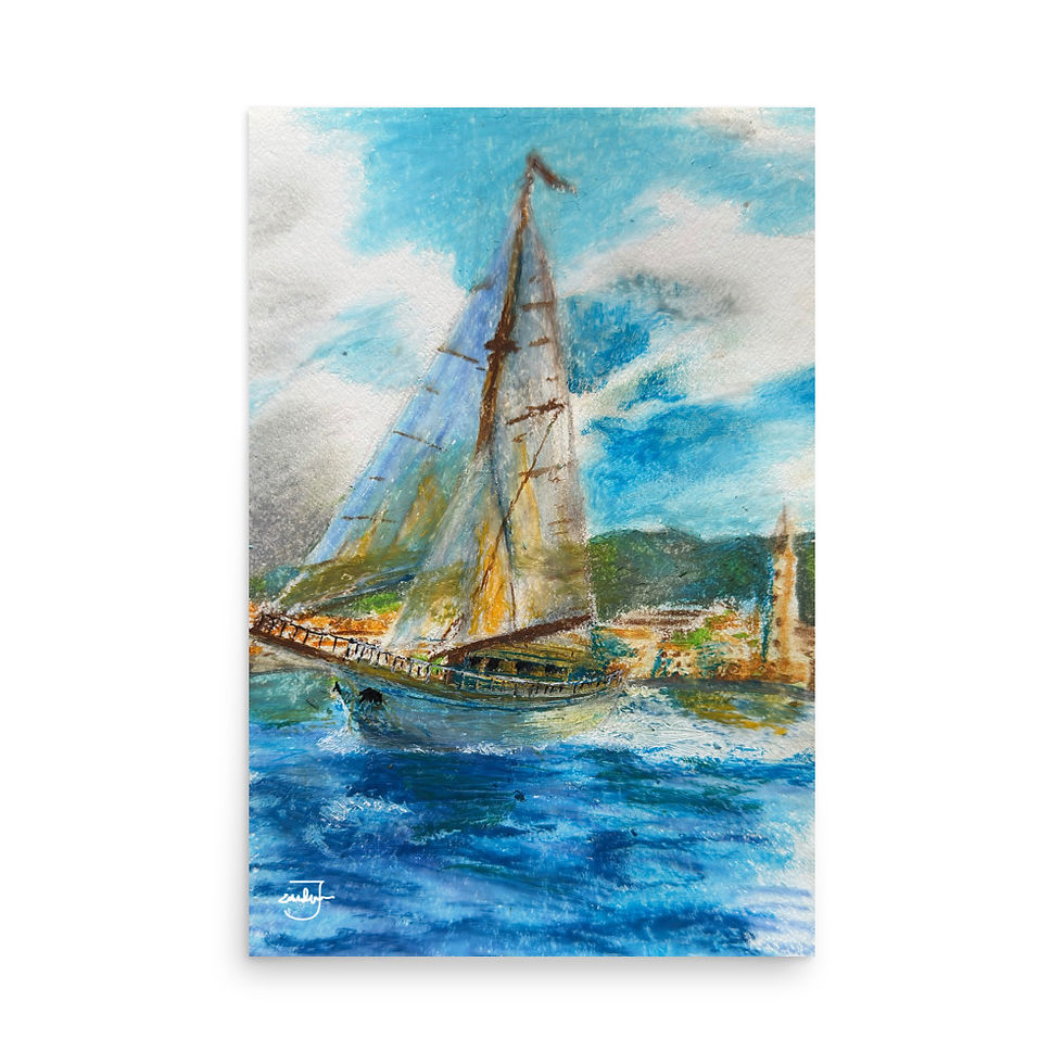 Sailboat, oil pastel art, sailboat art print, Jake Zuurbier, italian lake, vibrant, sailing art, artwork, centerpiece art