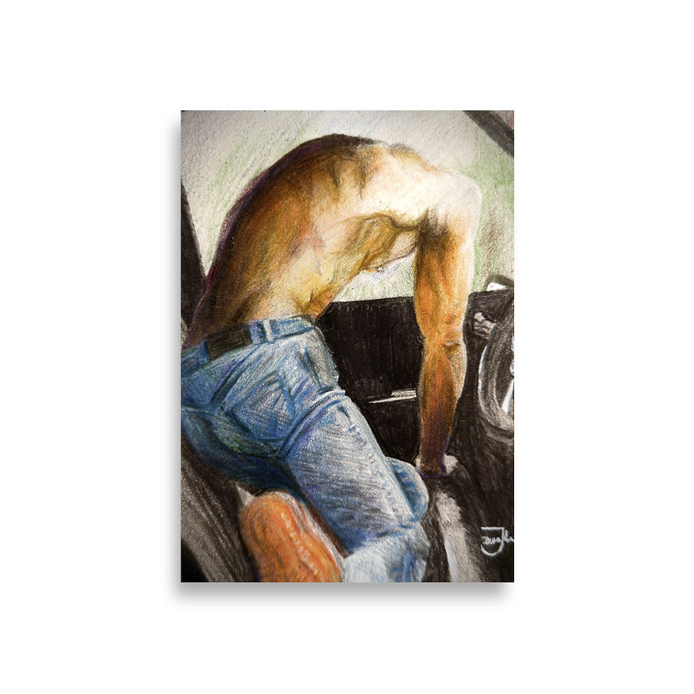 art print, fine art, pencil drawing, home decor, shirtless man, handsome man, car, car window, gay, queer, gay art, jeans